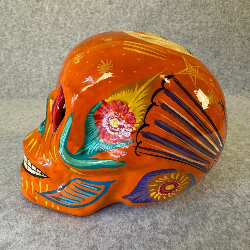 Hand Painted Day Of The Dead Orange White Green Yellow Skull Flowers Birds Stars